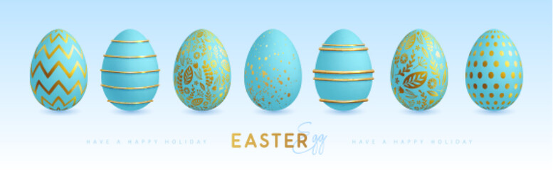Set of blue easter eggs with golden elements.  Happy Easter holiday background. Greeting card or poster. Vector illustration