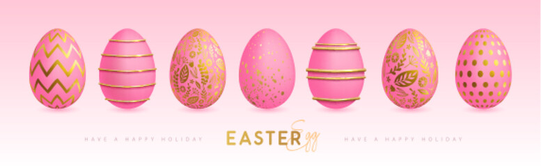 Set of pink easter eggs with golden elements.  Happy Easter holiday background. Greeting card or poster. Vector illustration
