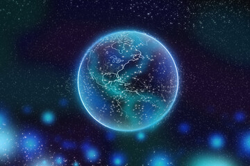 Planet Earth with America continents with blue neon glow on black background. Graphic globe transparent. Globe preparation.