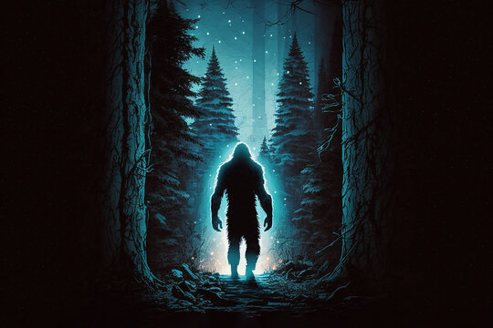 Mystical sasquatch entering an interdimensional light portal