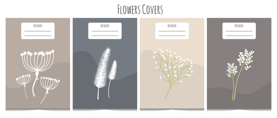 Set of 4 notebook cover templates in trendy minimalism style. White flower and plant in flat style. Abstract waves. Beige and dark-blue color covers. Isolated on white background. - obrazy, fototapety, plakaty