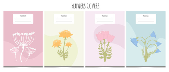 Set of 4 notebook cover templates in trendy minimal style. Colorful flower and plant in flat style. Abstract color waves in cute colors. Isolated on white background.