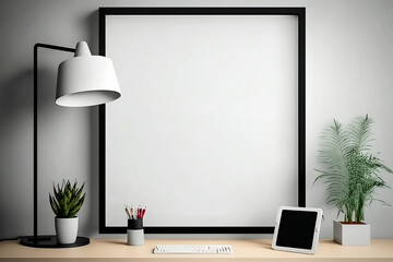 Minimalist Modern Workspace with Mockup Poster Frame. Ai Generative