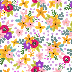 Vivid flowers seamless pattern, digital paper repeating background, meadow vibrant flowers. Fabric, wallpaper, wrapping paper, stationery seamless vector pattern