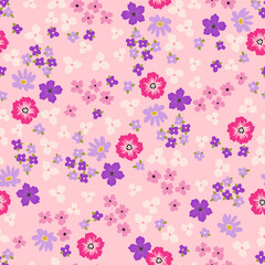 Pink flowers seamless pattern, digital paper repeating background, meadow vibrant flowers. Fabric, wallpaper, wrapping paper, stationery seamless vector pattern