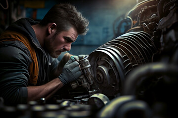 Young mechanic fixing an engine in garage, generative art