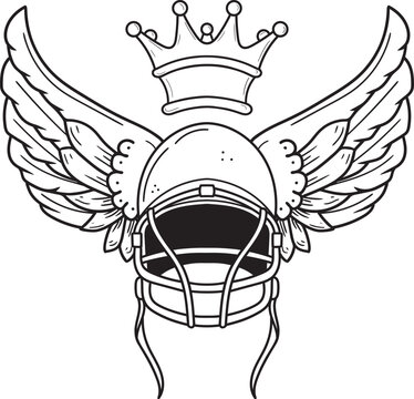 Vector black and white illustration of an american football winged helmet. Line art.

