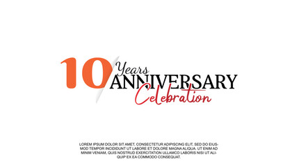 Vector 10 years anniversary logotype number with red and black color for celebration event isolated.