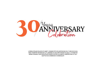 Vector 30 years anniversary logotype number with red and black color for celebration event isolated.