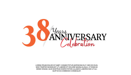 Fototapeta na wymiar Vector 38 years anniversary logotype number with red and black color for celebration event isolated.