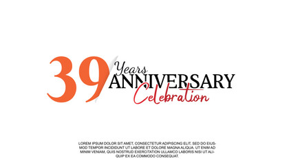 Vector 39 years anniversary logotype number with red and black color for celebration event isolated.