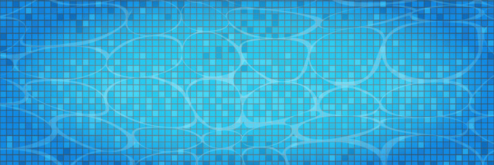 Swimming pool caustics ripple background. Blue swimming pool for backdrop, banner, wallpaper, surface pattern, cover and banner. Swimming pool bottom background. Summer concept, vector illustration
