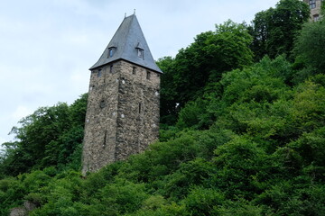 Fototapeta na wymiar FU 2022-07-01 Bacharach 387 Aus dem Wald ragt ein Burgturm in den Himmel