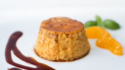 Egg Flan or Pudding made with organic eggs, yolks, milk, sugar and liquid caramel to cover it
