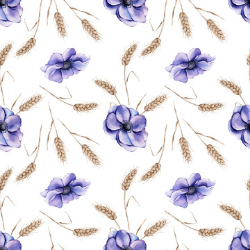 Seamless wheat spikelet pattern, purple anemones. Watercolor herbal background for textile, wallpapers, bakery decor. Wheat spikelets watercolor seamless pattern