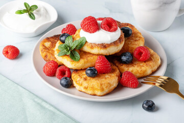 Cottage cheese pancakes with raspberries and blueberry on light background, breakfast or lunch