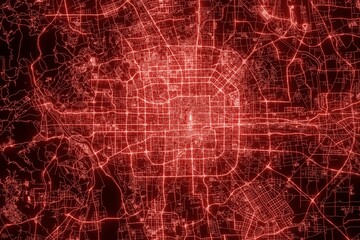 Street map of Beijing (China) made with red illumination and glow effect. Top view on roads network. 3d render, illustration