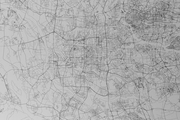 Fototapeta na wymiar Map of the streets of Foshan (China) made with black lines on grey paper. Top view. 3d render, illustration
