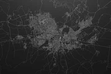 Street map of Adana (Turkey) on black paper with light coming from top