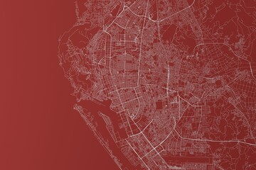 Map of the streets of Kaohsiung (Taiwan) made with white lines on red background. Top view. 3d render, illustration