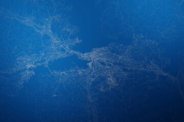 Stylized map of the streets of Tampere (Finland) made with white lines on abstract blue background lit by two lights. Top view. 3d render, illustration - obrazy, fototapety, plakaty