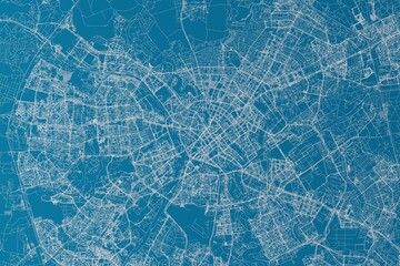 Map of the streets of Minsk (Belarus) made with white lines on blue background. 3d render, illustration