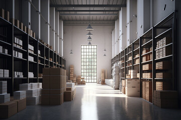 warehouse with high ceilings, brightly lit by natural light and industrial lighting fixtures, featuring rows of open shelving and neatly arranged boxes and products Generative AI