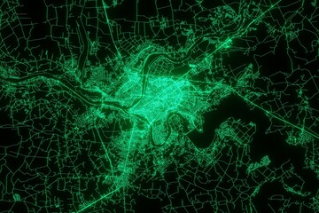 Map of the streets of Kaunas (Lithuania) made with green illumination and glow effect. Top view on roads network. 3d render, illustration