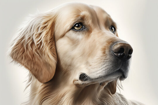 Portrait of a golden retriever on a white background. Photorealistic image created by AI