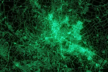 Map of the streets of Kharkiv (Ukraine) made with green illumination and glow effect. Top view on roads network. 3d render, illustration