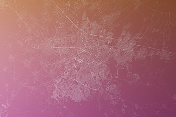 Map of the streets of Puebla City (Mexico) made with white lines on pinkish red gradient background. Top view. 3d render, illustration