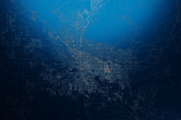 Street map of Tucson (Arizona, USA) engraved on blue metal background. View with light coming from top. 3d render, illustration