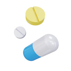 White, yellow and blue capsules isolated on transparent background. 3d render. PNG. Tablets, medicine concept. 3D rendering, for web, ui, ux. Pills. Health