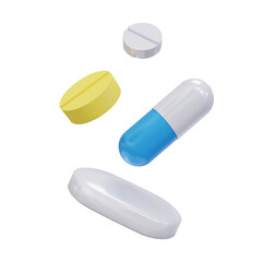 White, yellow and blue capsules isolated on transparent background. 3d render. PNG. Tablets, medicine concept. 3D rendering, ui, ux. Pills. Health - obrazy, fototapety, plakaty