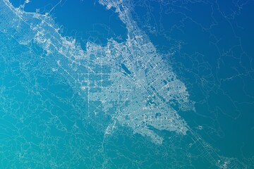 Map of the streets of San Jose (California, USA) made with white lines on greenish blue gradient background. 3d render, illustration