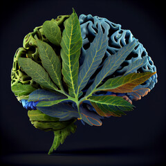 Marijuana brain, cannabis or hemp leaf or weed leaves. 3d concept for herbal medicine, autism. Patient medical effects on psychology, drug dealer, autism, depression, pain therapy render illustration