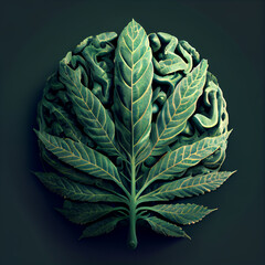 Brain with cannabis, hemp and marijuana leaf. Neurological effect on thinking 3d concept. Human cranium organ made of green weed leaves. Medicine, psychology, psychoactive drugs, cbd addiction therapy
