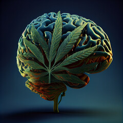 3d render of human brain covered with green leaf of medical cannabis. Concept of marijuana addiction, psychology, neurology science or neuroscience. Smoke thc psychoactive drug. Disease treatment