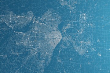 Map of the streets of St Louis (Missouri, USA) made with white lines on blue paper. Rough background. 3d render, illustration - obrazy, fototapety, plakaty