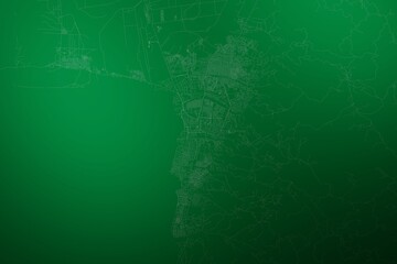 Map of the streets of Bujumbura (Burundi) made with white lines on abstract green background lit by two lights. Top view. 3d render, illustration