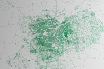 Map of the streets of Ouagadougou (Burkina Faso) made with green lines on white paper. 3d render, illustration