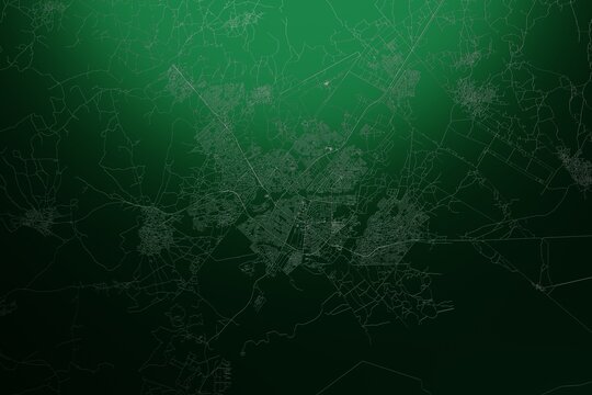 Street map of Gaborone (Botswana) engraved on green metal background. Light is coming from top. 3d render, illustration