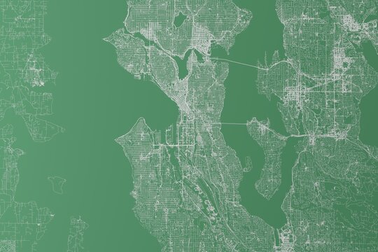 Stylized map of the streets of Seattle (Washington, USA) made with white lines on green background. Top view. 3d render, illustration