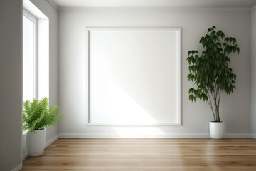 View of white empty room and wood laminate floor,frame with green plant , made with AI generative