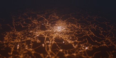 Street lights map of Pristina (Kosovo) with tilt-shift effect, view from south. Imitation of macro shot with blurred background. 3d render, selective focus