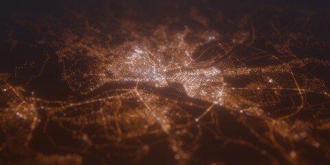 Street lights map of Belgrade (Serbia) with tilt-shift effect, view from north. Imitation of macro shot with blurred background. 3d render, selective focus