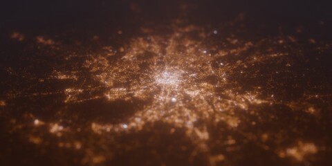 Street lights map of Moscow (Russia) with tilt-shift effect, view from north. Imitation of macro shot with blurred background. 3d render, selective focus