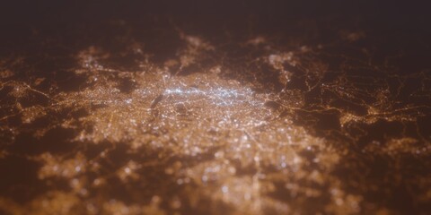 Street lights map of Belo Horizonte (Brazil) with tilt-shift effect, view from west. Imitation of macro shot with blurred background. 3d render, selective focus