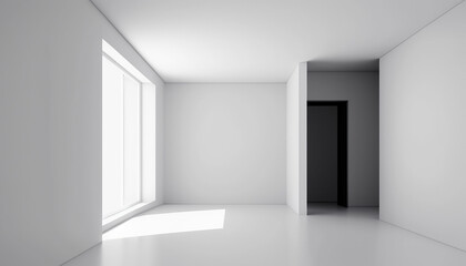 Contemporary room space with empty white wall, made with AI generative.