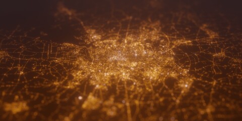 Street lights map of Odence (Denmark) with tilt-shift effect, view from west. Imitation of macro shot with blurred background. 3d render, selective focus